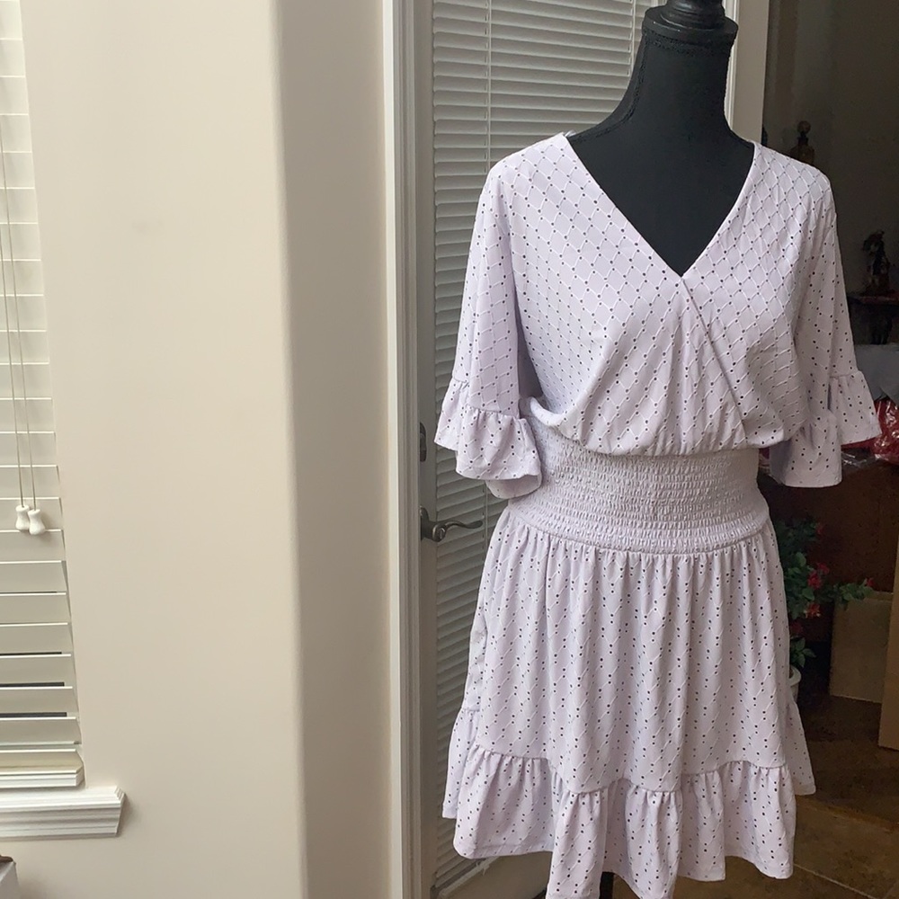 Michael Kors Lavender Surplice Neckline Ruffle Hem/Sleeve Eyelet Lined Dress
